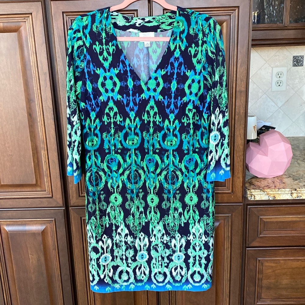 Donna Morgan Blue & Green Patterned Midi Dress